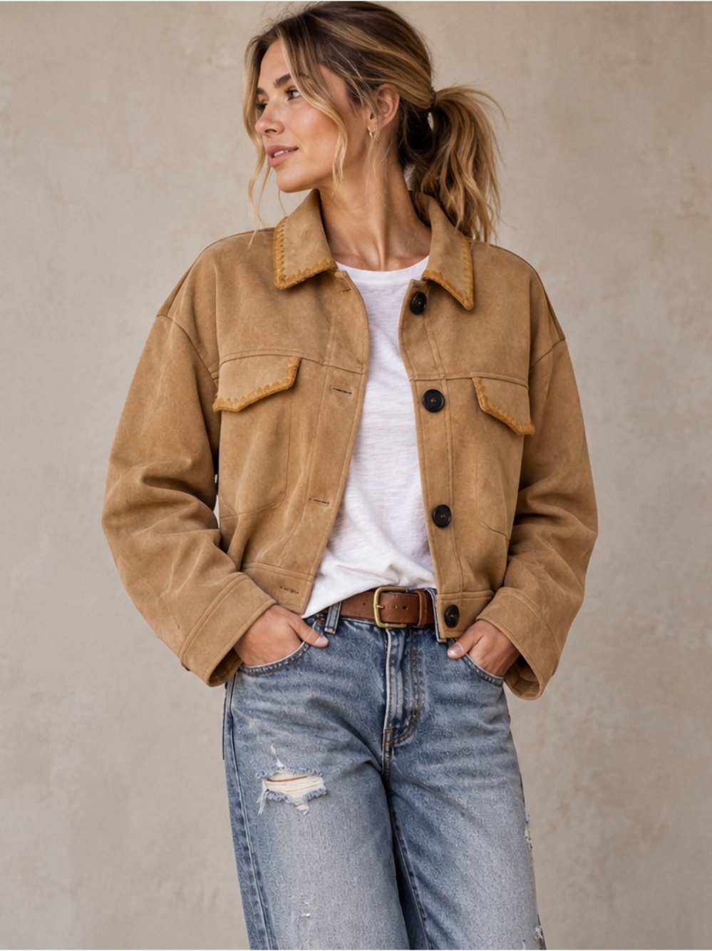 NWT - Cider Faux Suede Jacket in Tan w Blanket Stitch Trim